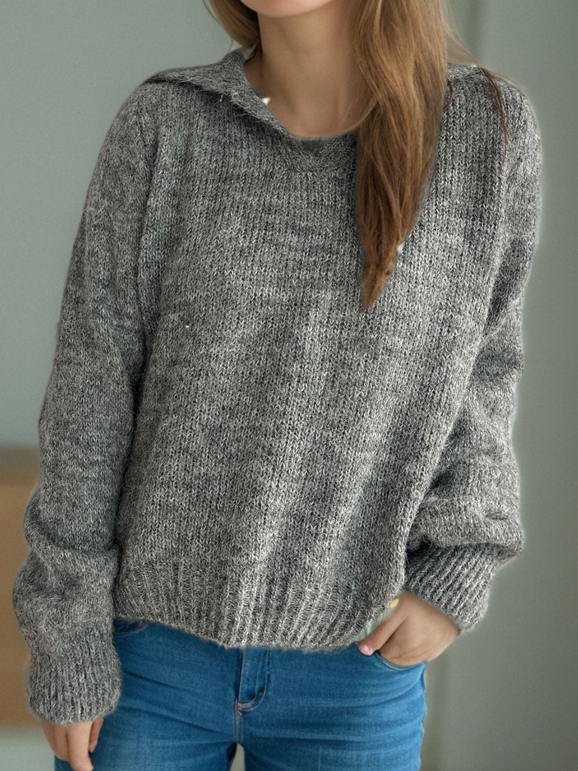 Collared Neck Long Sleeve Sweater - Trendsi