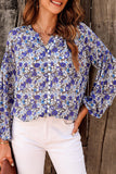 Printed Notched Balloon Sleeve Blouse - Flyclothing LLC