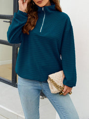 Textured Quarter Zip Long Sleeve Sweatshirt - Trendsi