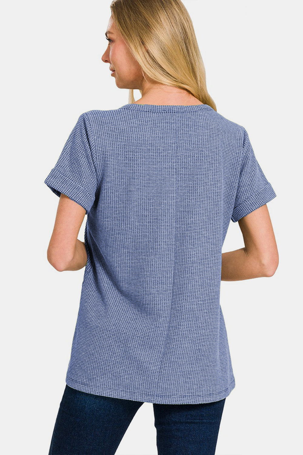 Zenana Notched Short Sleeve Waffle T-Shirt - Flyclothing LLC