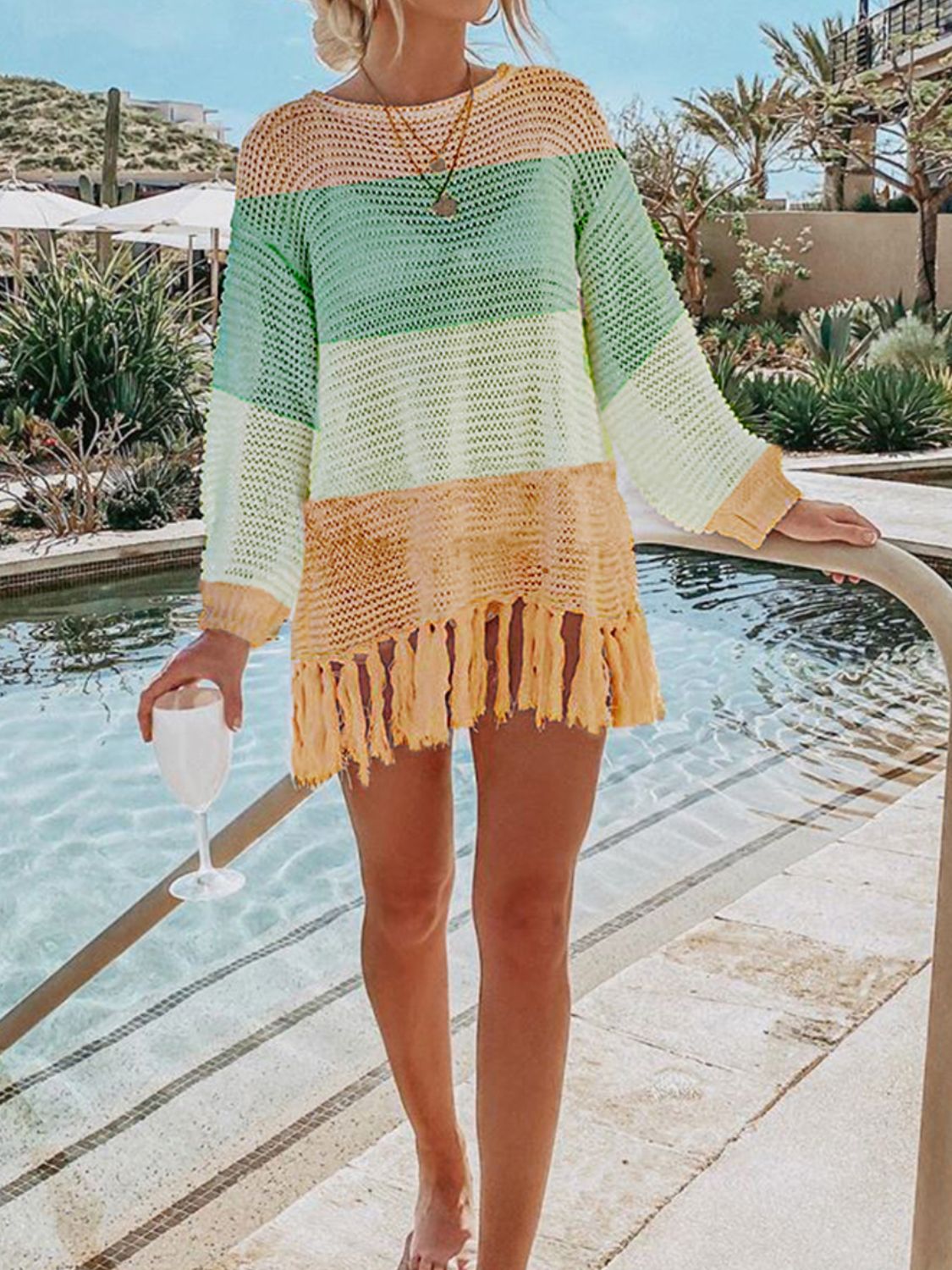 Double Take Openwork Tassel Hem Long Sleeve Knit Cover Up - Flyclothing LLC