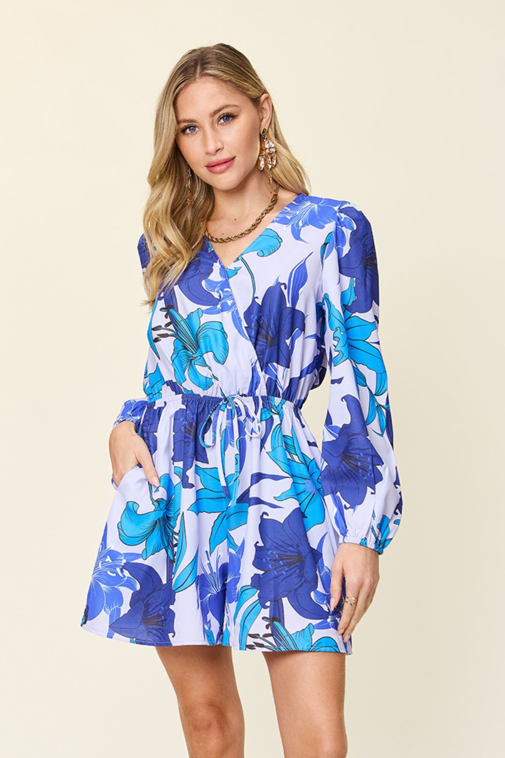 Double Take Full Size Floral Long Sleeve Romper with Pockets - Flyclothing LLC