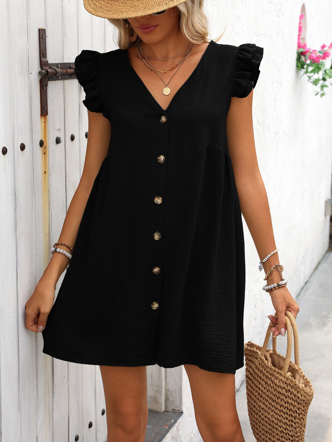 Button Up V-Neck Cap Sleeve Mini Dress Trendsi