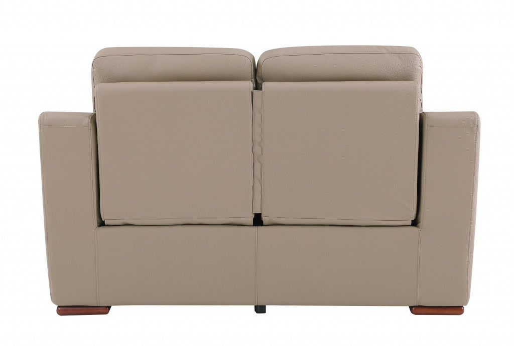 67" Beige And Brown Faux Leather Manual Reclining Loveseat