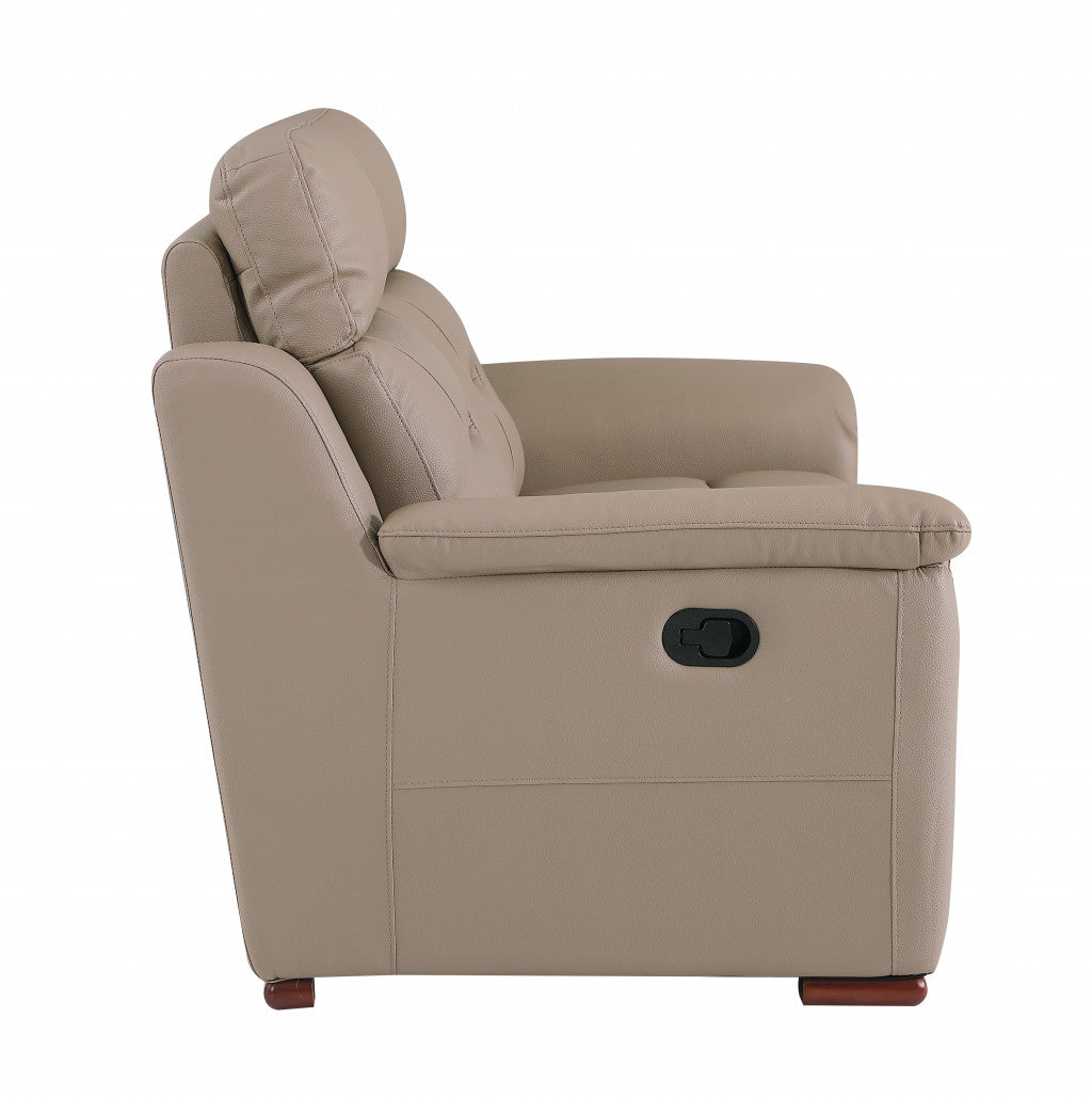 67" Beige And Brown Faux Leather Manual Reclining Loveseat