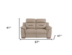 67" Beige And Brown Faux Leather Manual Reclining Loveseat