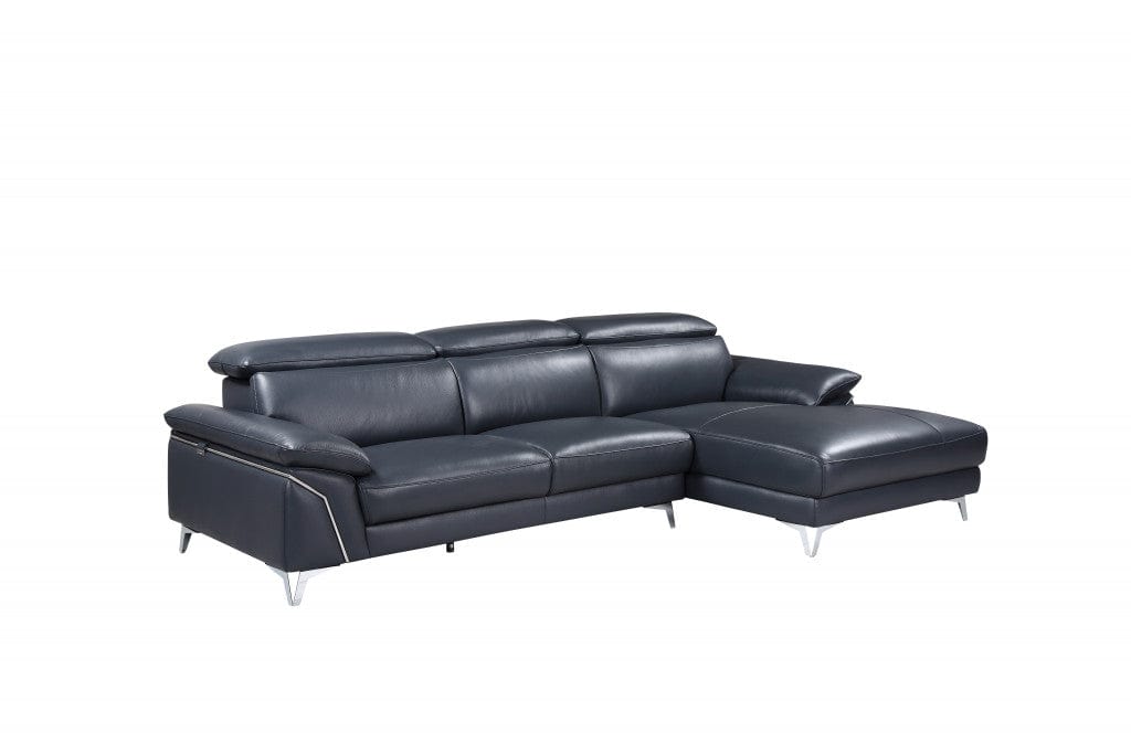 Navy Blue Italian Leather L Shaped Two Piece Sofa and Chaise Sectional - Homeroots