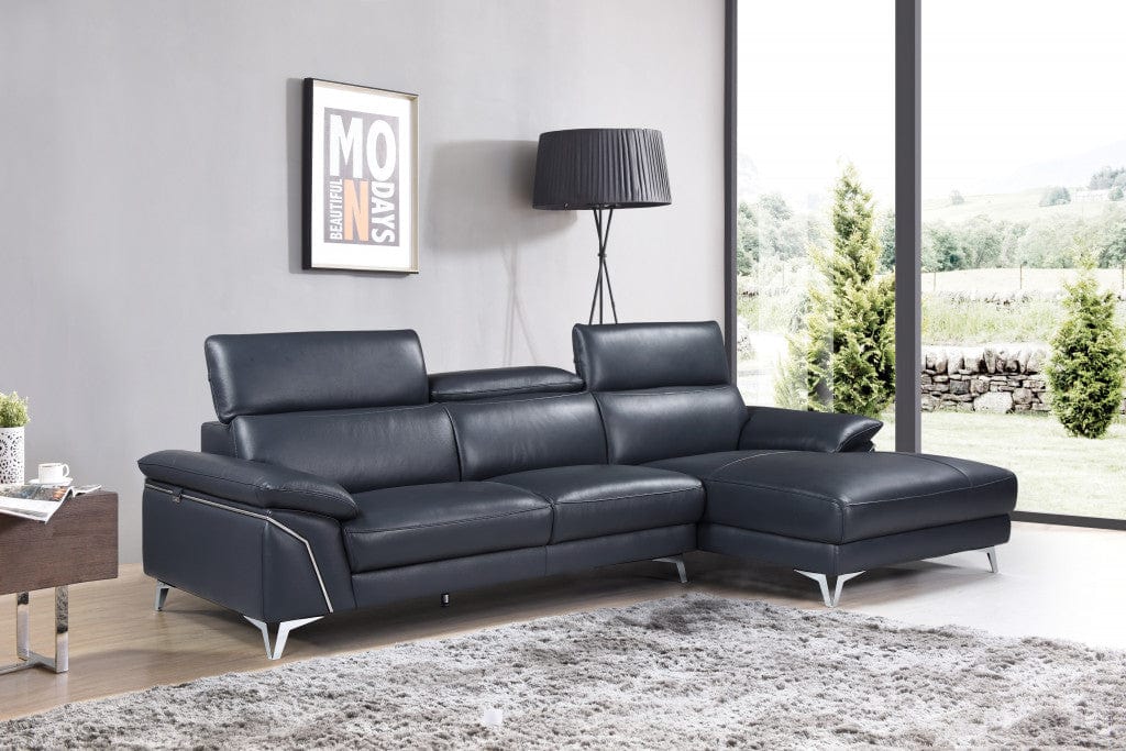 Navy Blue Italian Leather L Shaped Two Piece Sofa and Chaise Sectional - Homeroots