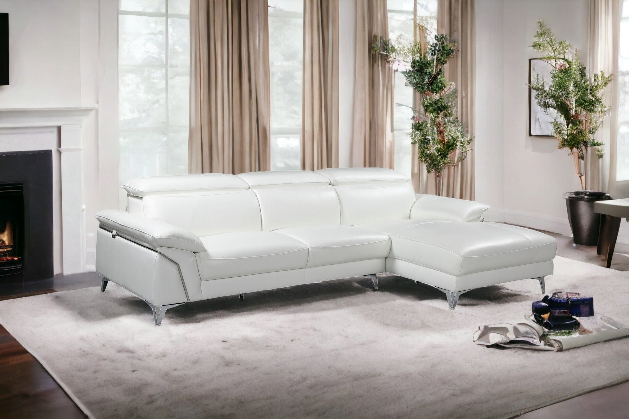 White Italian Leather L Shaped Two Piece Sofa and Chaise Sectional