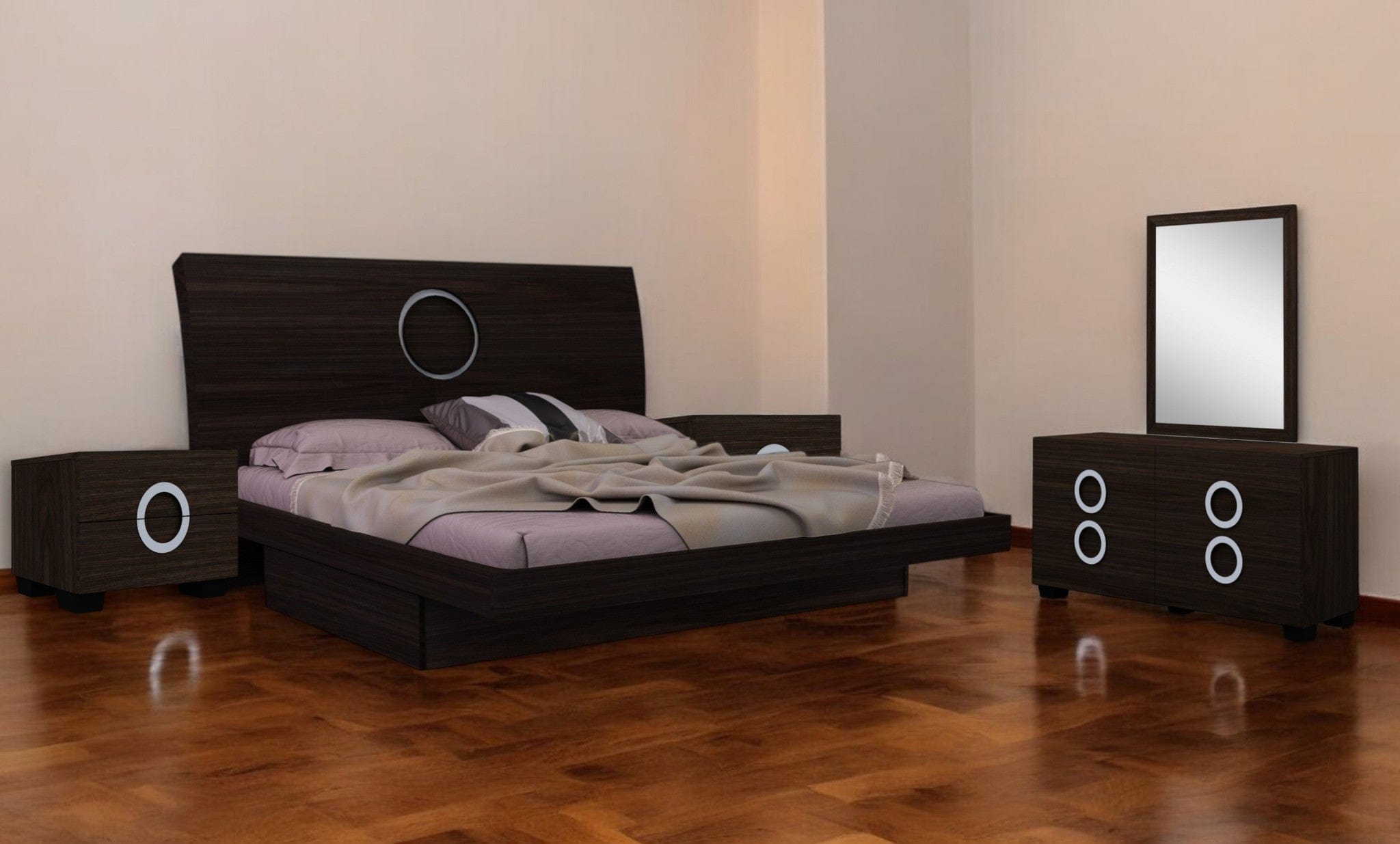 Four Piece Wood Brown Solid Wood Bedroom Set With Mirror