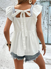 Embroidered Square Neck Cap Sleeve Blouse - Trendsi