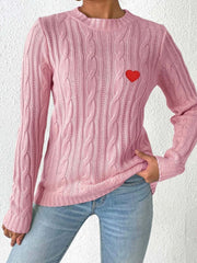 Cable-Knit Heart Round Neck Long Sleeve Sweater - Trendsi