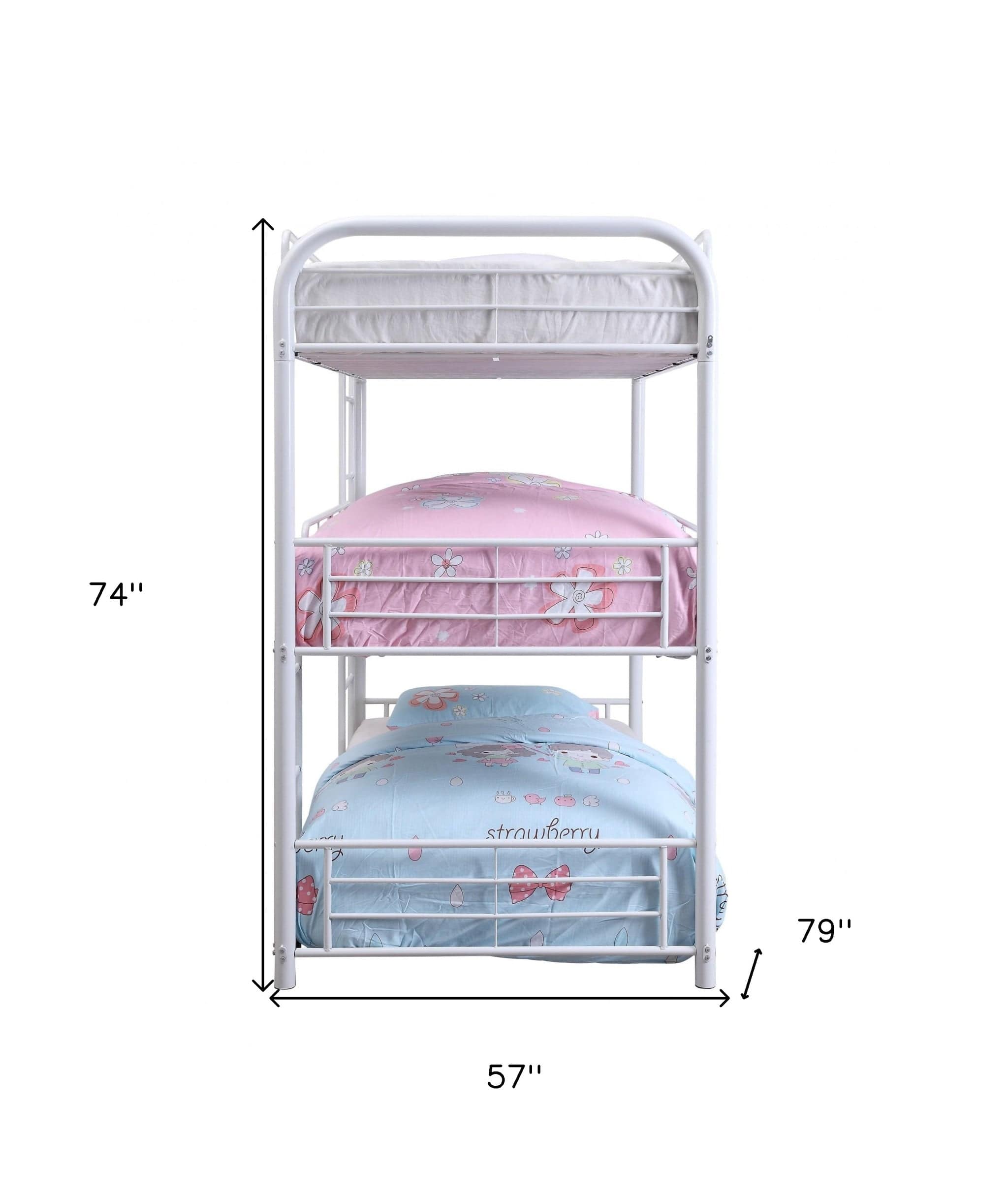 57" X 79" X 74" White Metal Triple Bunk Bed - Full - Homeroots