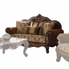 69" Brown Damask Chesterfield Loveseat and Toss Pillows - Homeroots