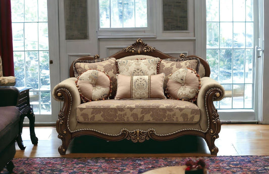 69" Beige and Gold And Brown Velvet Paisley Loveseat and Toss Pillows - Homeroots