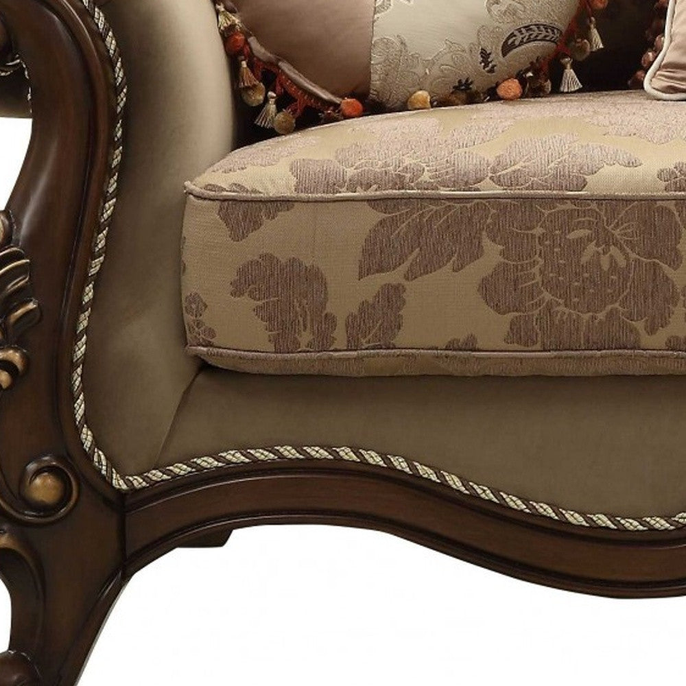 69" Beige and Gold And Brown Velvet Paisley Loveseat and Toss Pillows