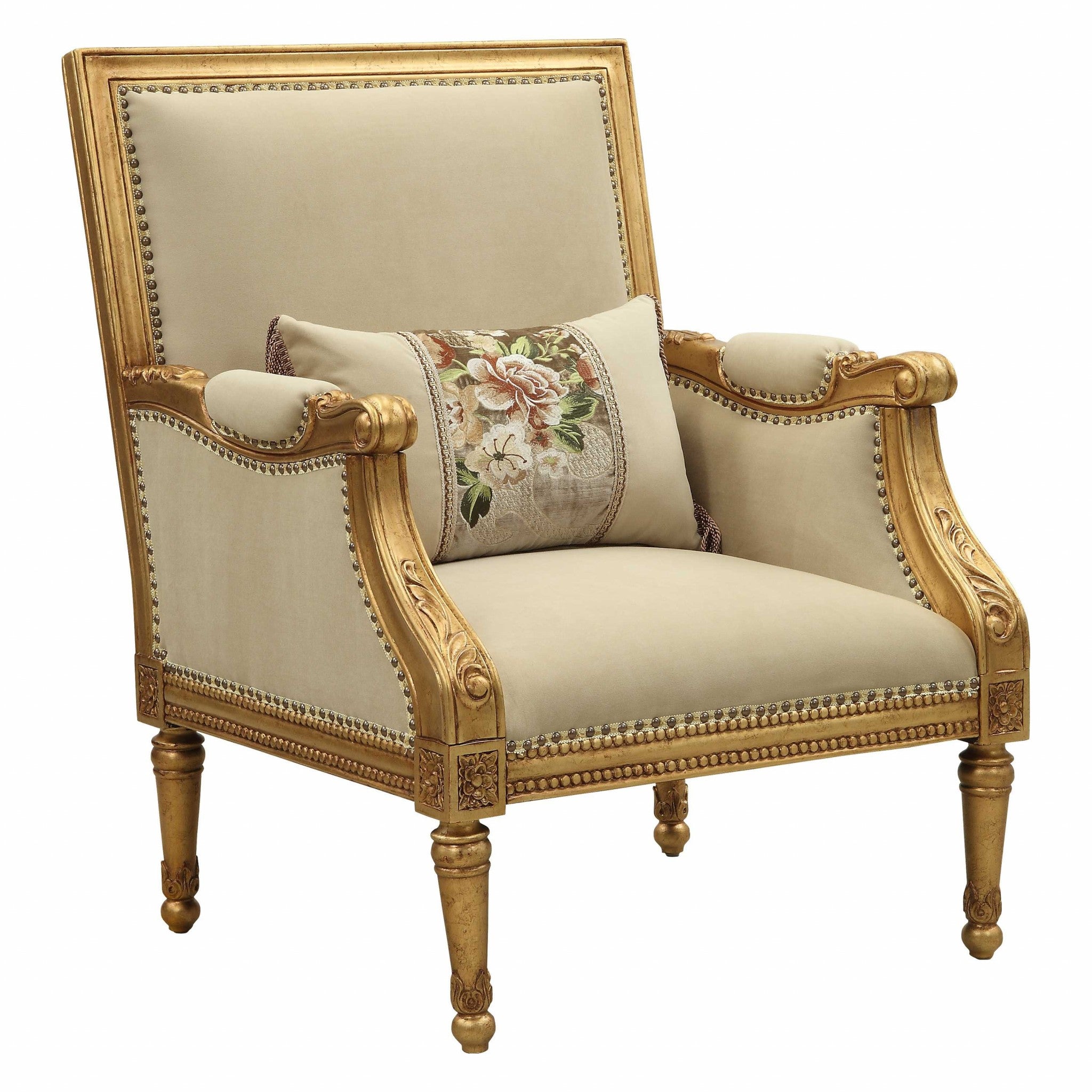 33" Beige And Gold Arm Chair And Toss Pillow