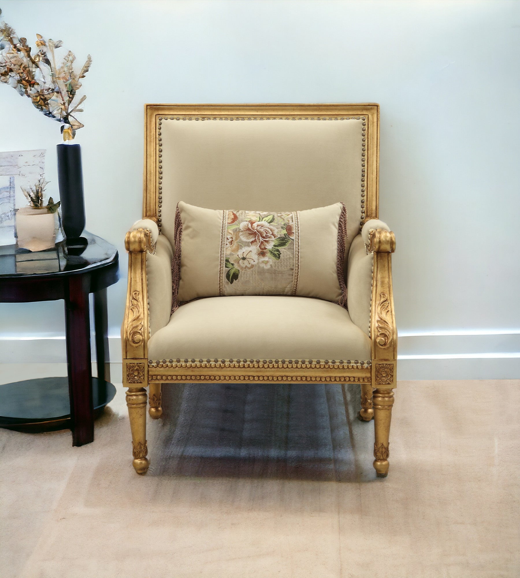 33" Beige And Gold Arm Chair And Toss Pillow