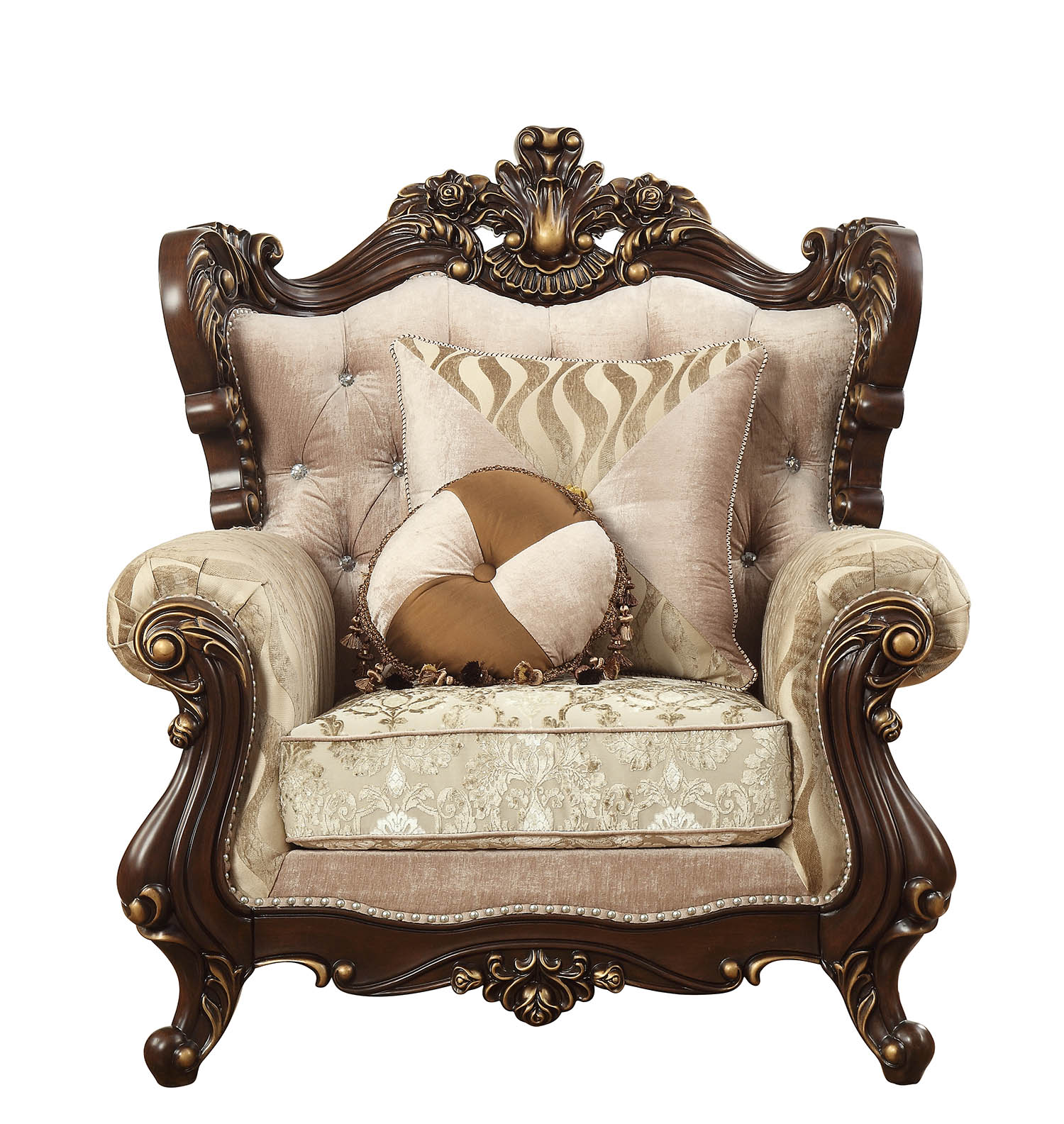 36" Beige And Brown Fabric Damask Tufted Arm Chair And Toss Pillows