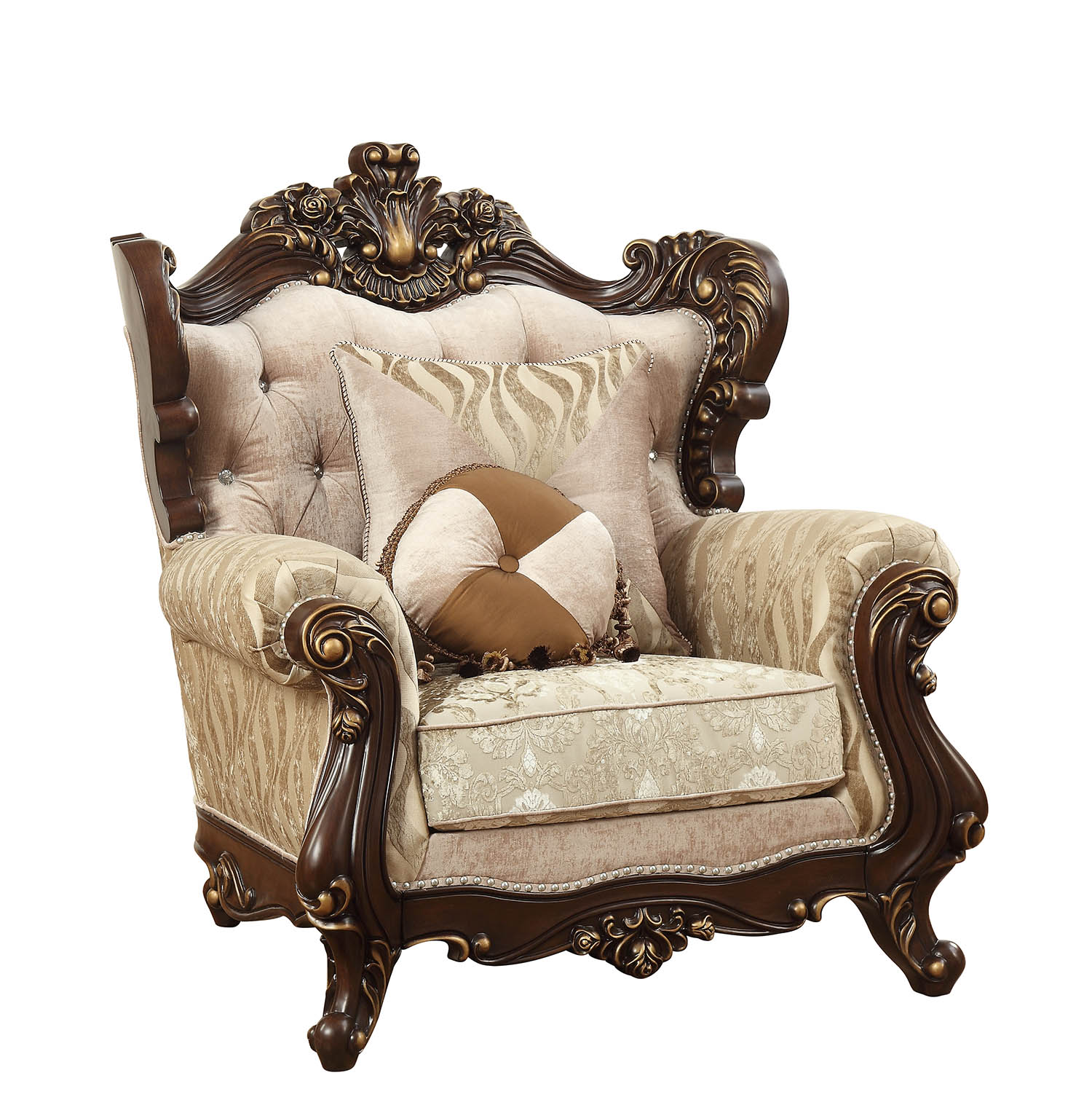 36" Beige And Brown Fabric Damask Tufted Arm Chair And Toss Pillows