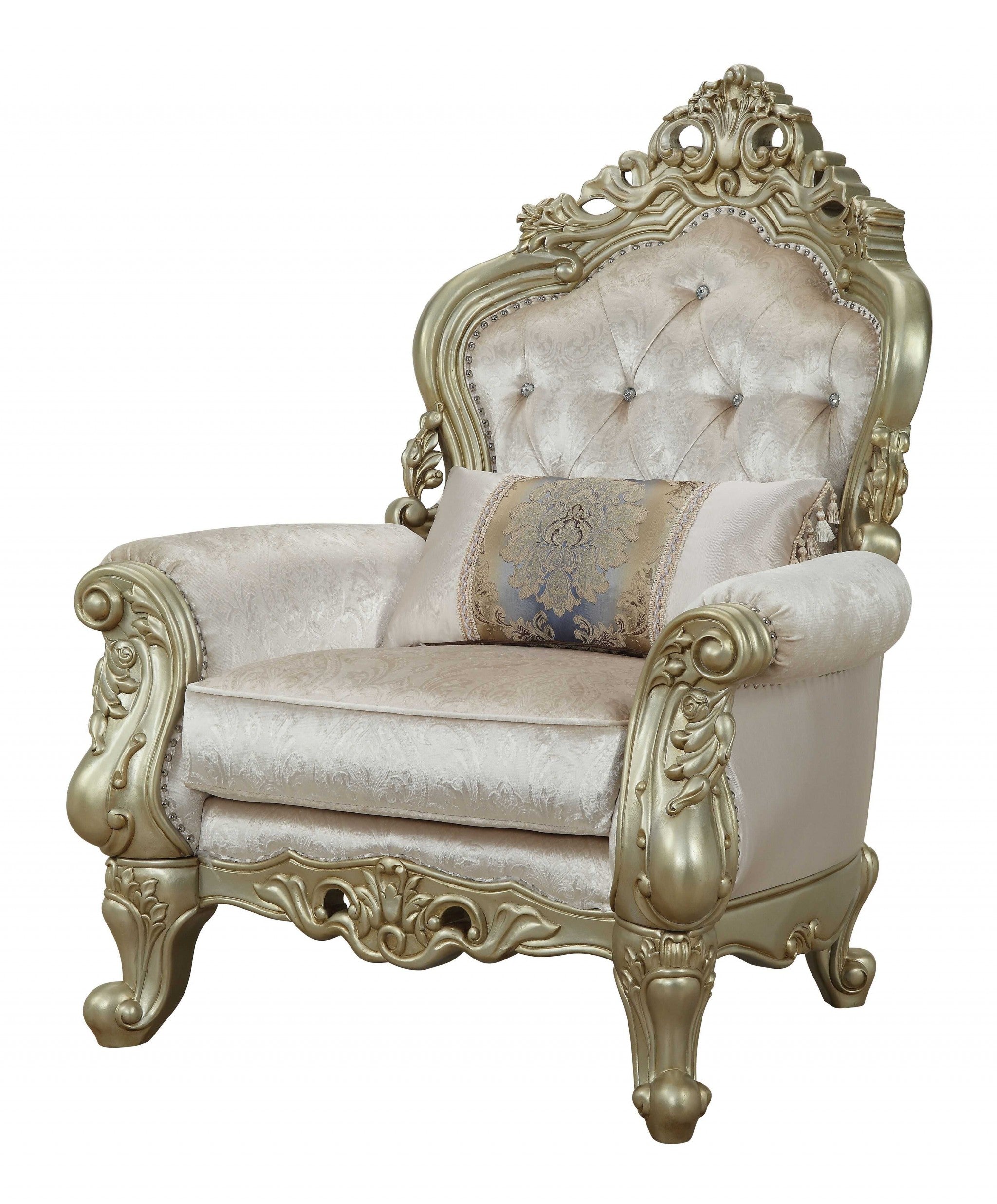 40" Cream And Antiqued White Fabric Damask Tufted Arm Chair And Toss Pillow