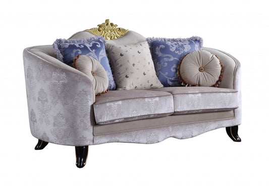 76" Cream And Black Velvet Damask Chesterfield Loveseat