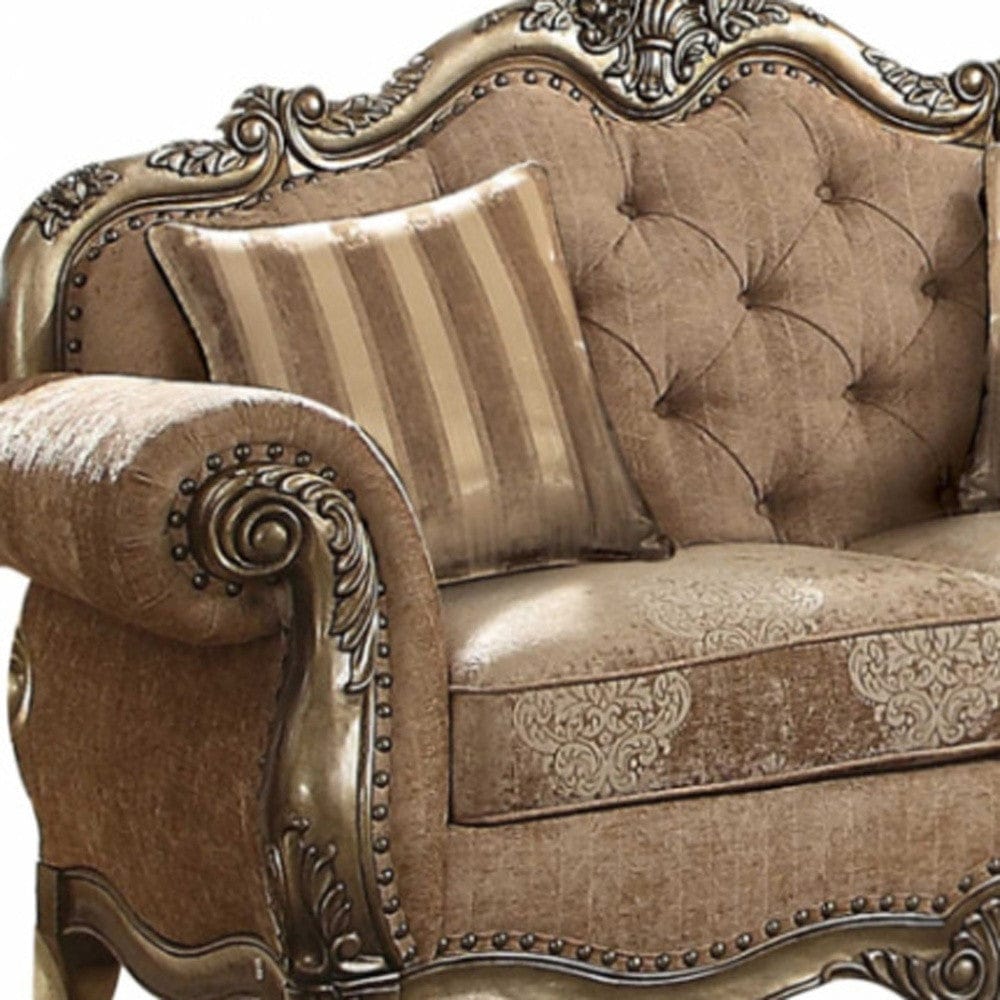 69" Brown And Platinum Damask Chesterfield Loveseat - Homeroots