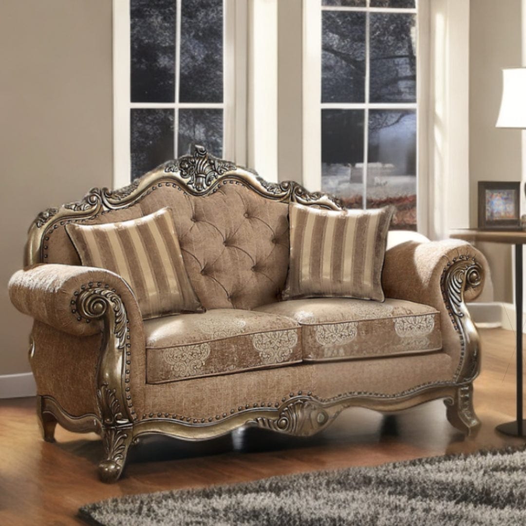 69" Brown And Platinum Damask Chesterfield Loveseat - Homeroots