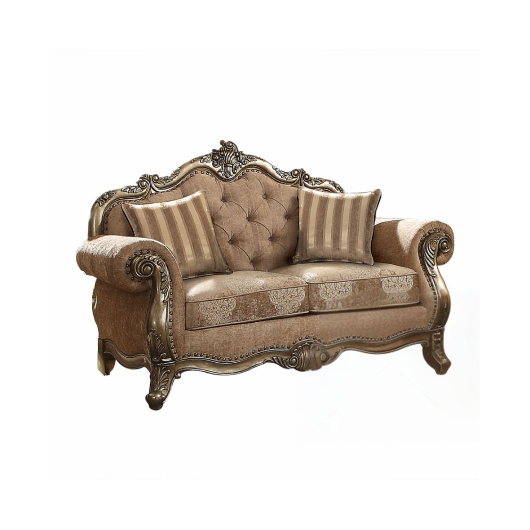 69" Brown And Platinum Damask Chesterfield Loveseat