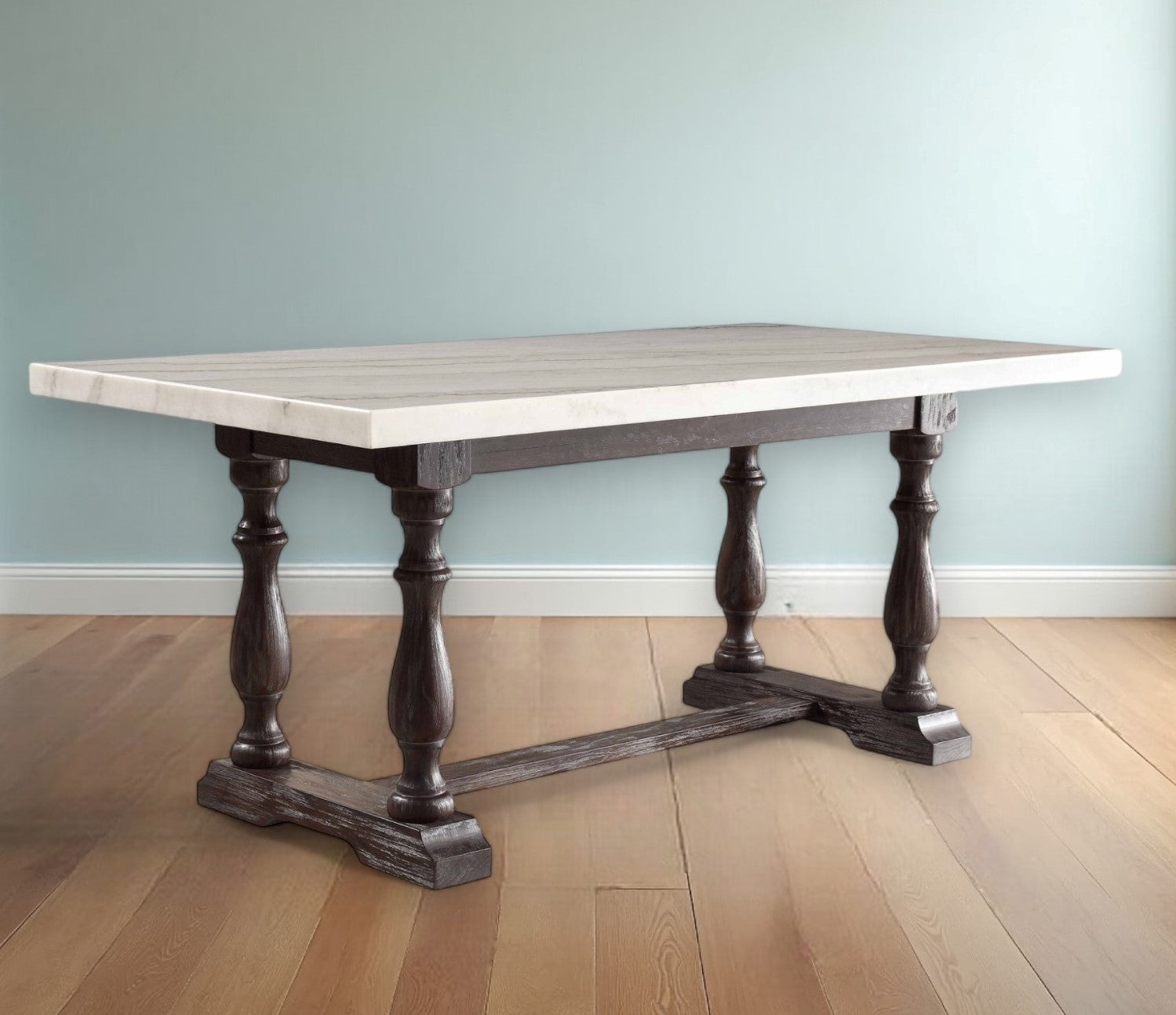 38" White And Gray Marble And Solid Wood Trestle Base Dining Table