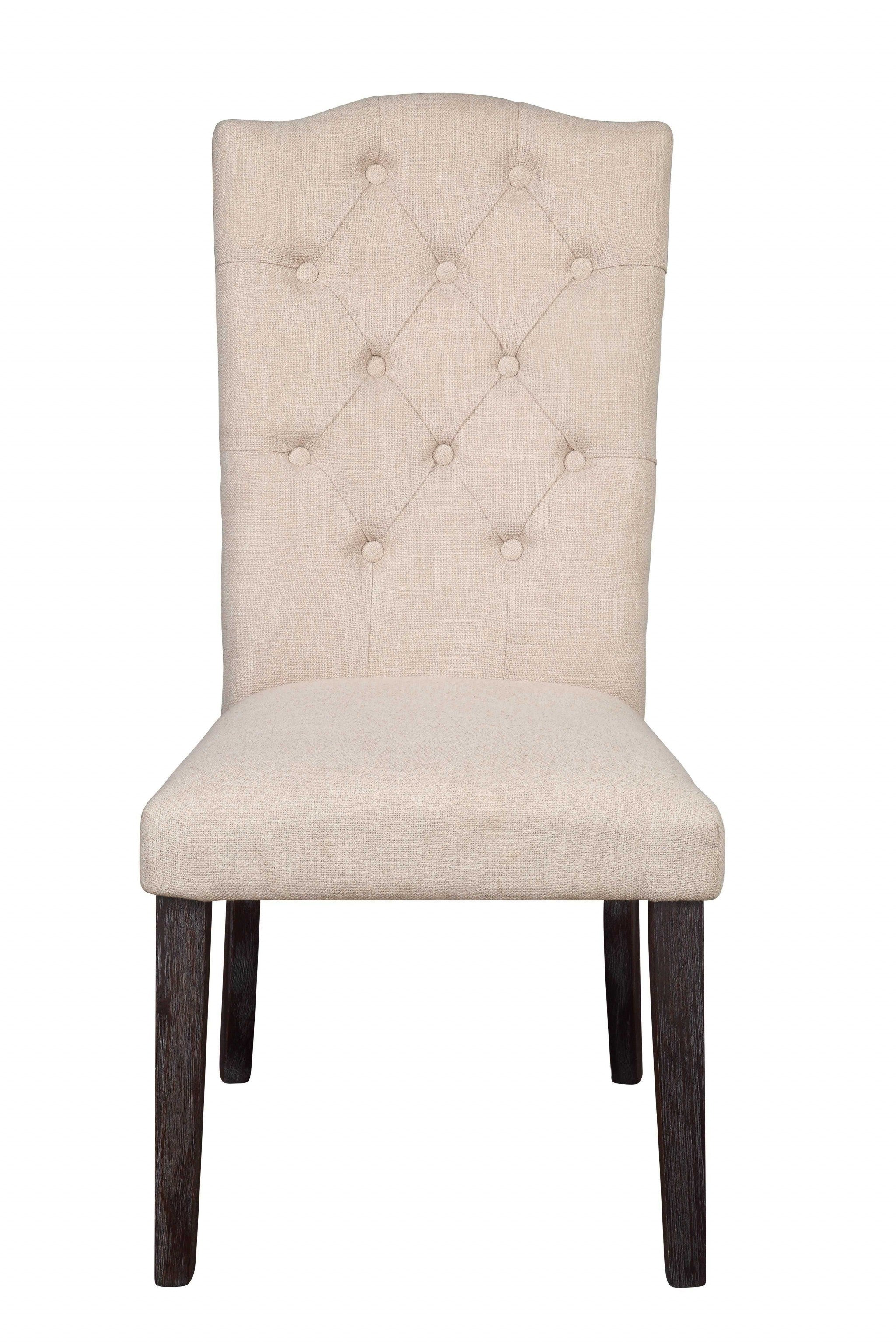 Set of Two Tufted Beige And Espresso Upholstered Linen Dining Side Chairs