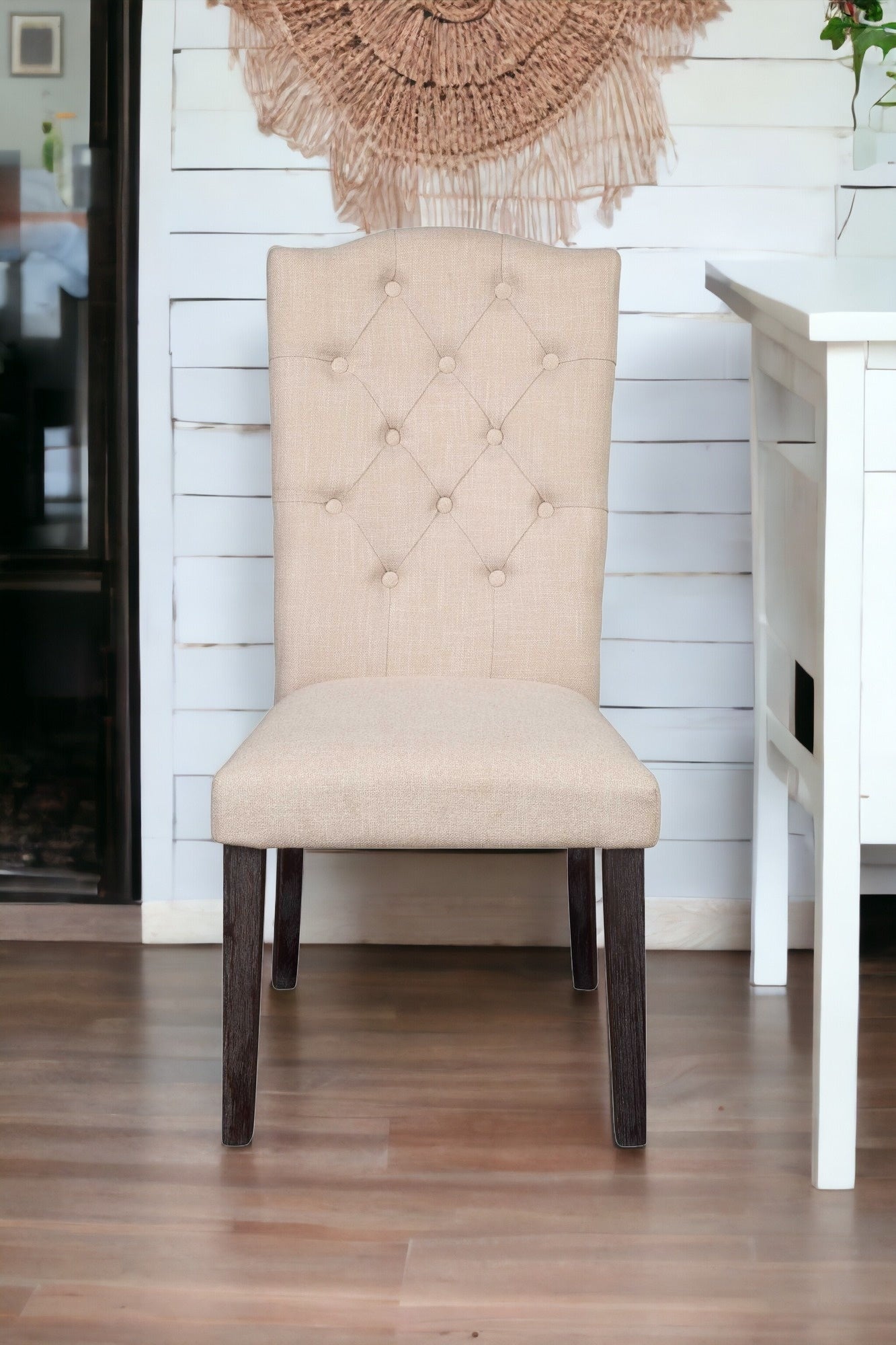 Set of Two Tufted Beige And Espresso Upholstered Linen Dining Side Chairs