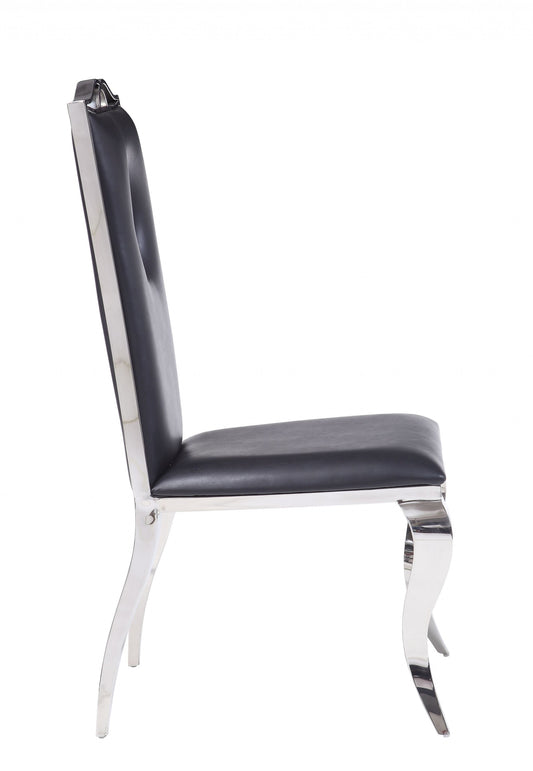 Set of Two Black And Silver Upholstered Faux Leather Dining Side Chairs