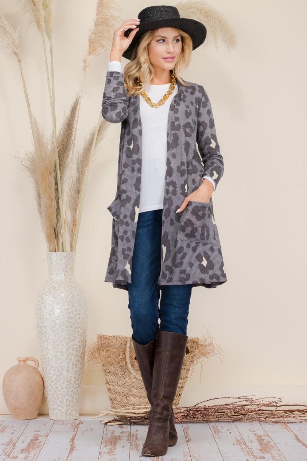 Celeste Full Size Leopard Open Front Contrast Cardigan - Trendsi