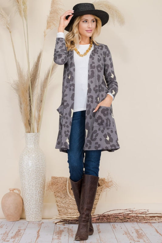 Celeste Full Size Leopard Open Front Contrast Cardigan - Trendsi