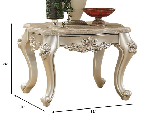 24" Champagne Faux Marble And Solid Wood End Table