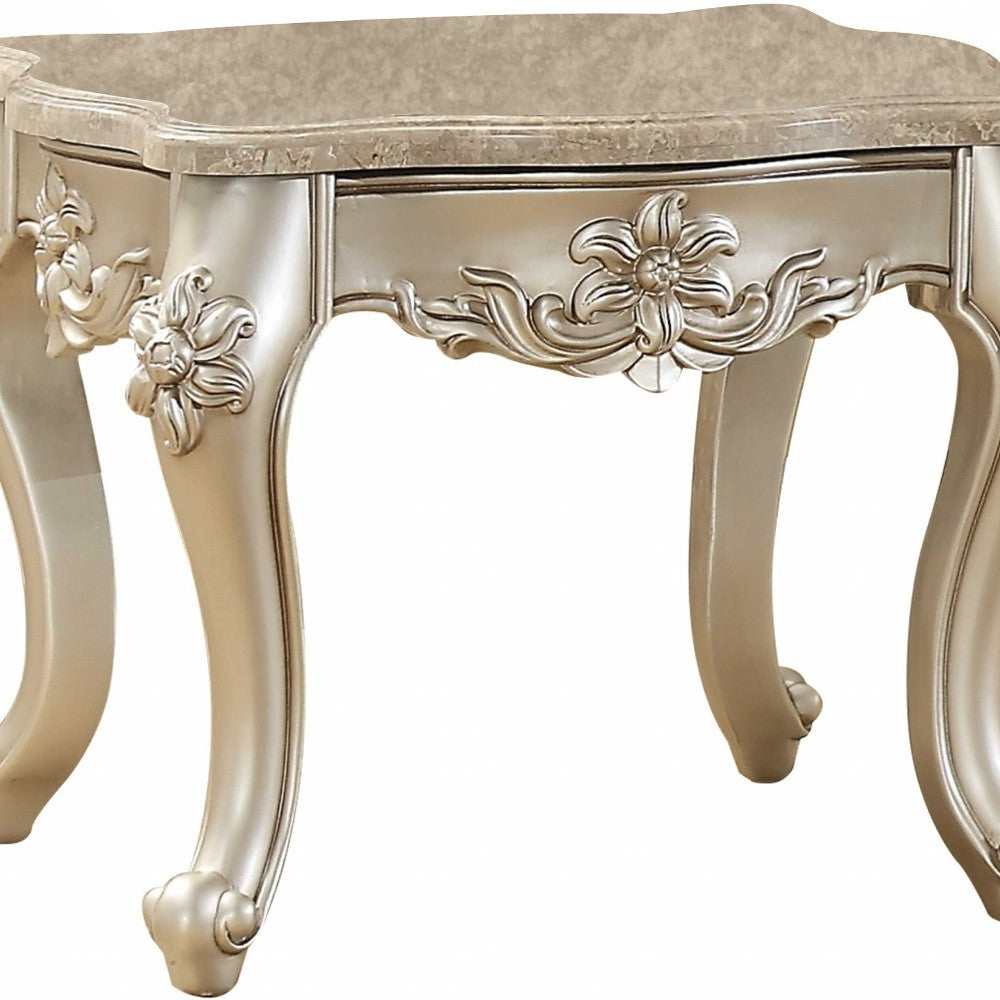 24" Champagne Faux Marble And Solid Wood End Table