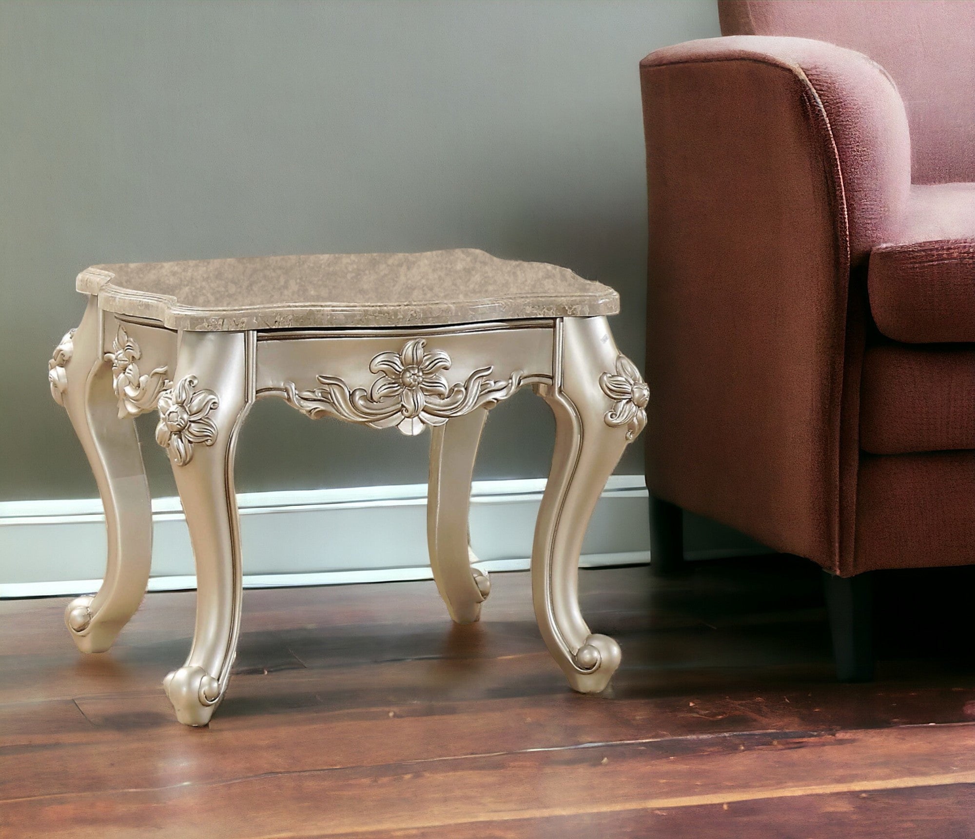 24" Champagne Faux Marble And Solid Wood End Table