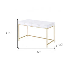 47" White and Gold Computer Desk With Two Drawers