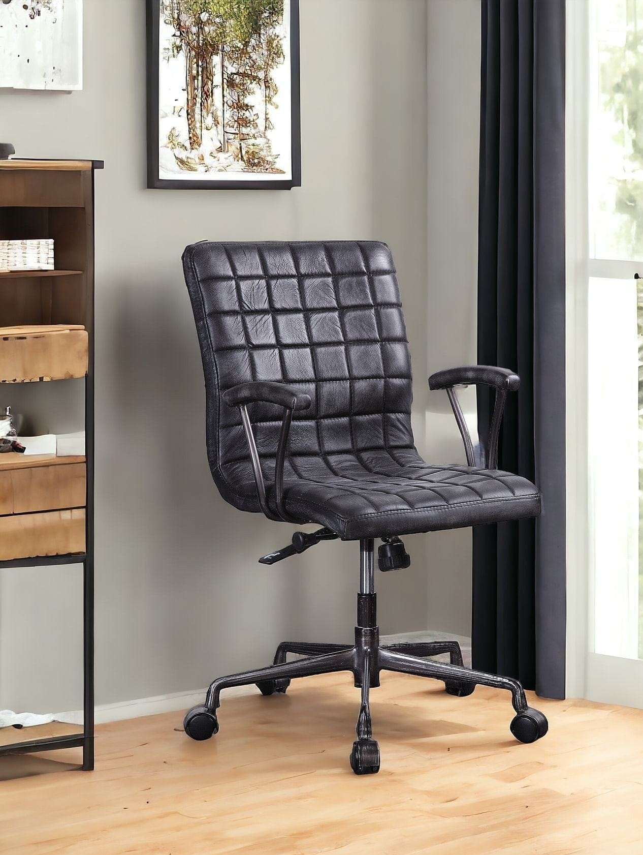 24" X 25" X 36" Vintage Black Top Grain Leather Aluminum Metal Upholstered (Seat) Casters Engineered Wood Executive Office Chair - Homeroots