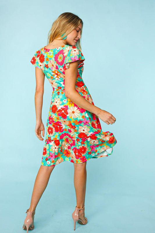 Haptics Floral Square Neck Short Sleeve Dress Trendsi