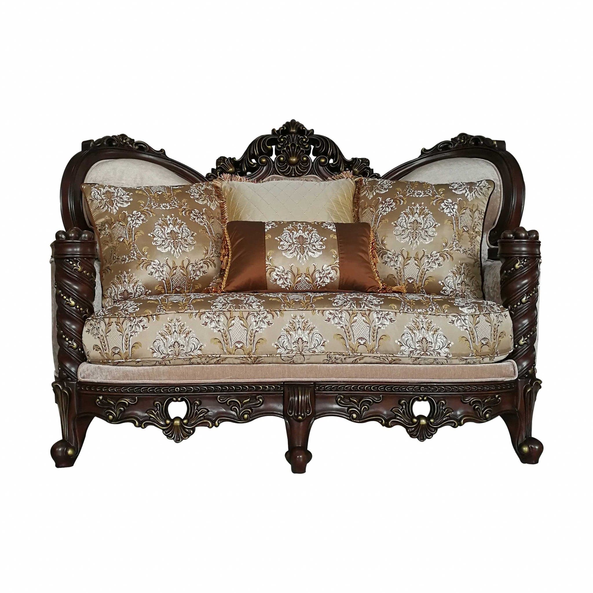 68" Cream And Brown Damask Chesterfield Loveseat and Toss Pillows - Homeroots