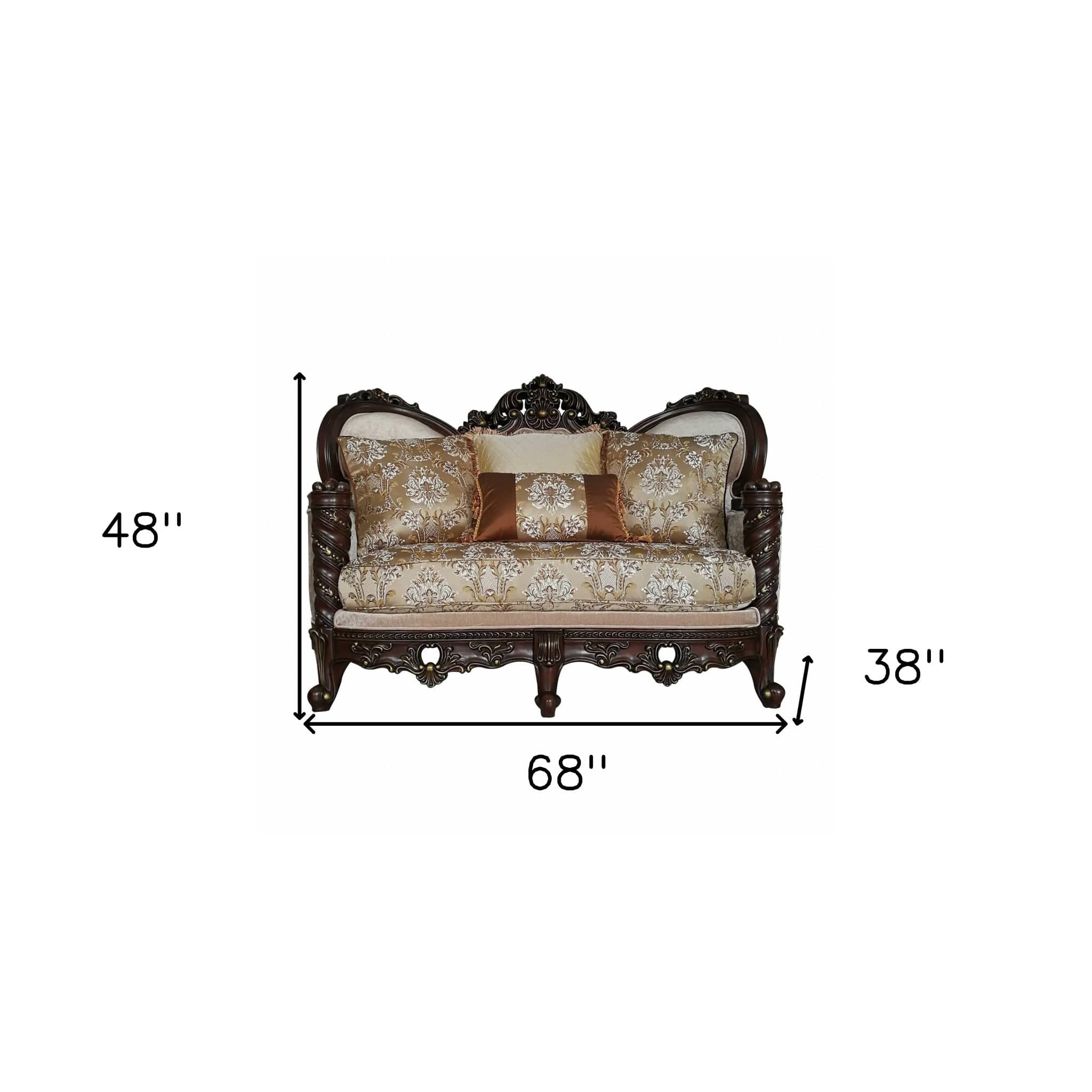 68" Cream And Brown Damask Chesterfield Loveseat and Toss Pillows - Homeroots