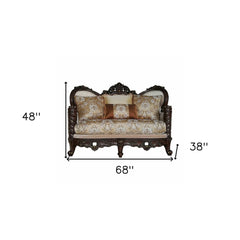 68" Cream And Brown Damask Chesterfield Loveseat and Toss Pillows - Homeroots