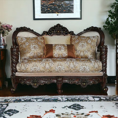 68" Cream And Brown Damask Chesterfield Loveseat and Toss Pillows - Homeroots