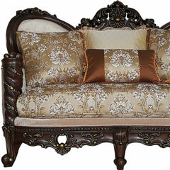 68" Cream And Brown Damask Chesterfield Loveseat and Toss Pillows - Homeroots