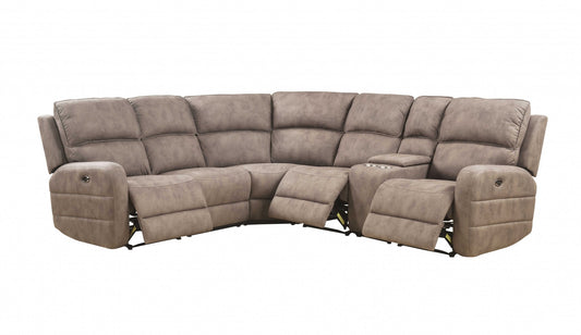 Brown Top Grain Leather Power Reclining Curved Six Piece Corner Sectional With Console