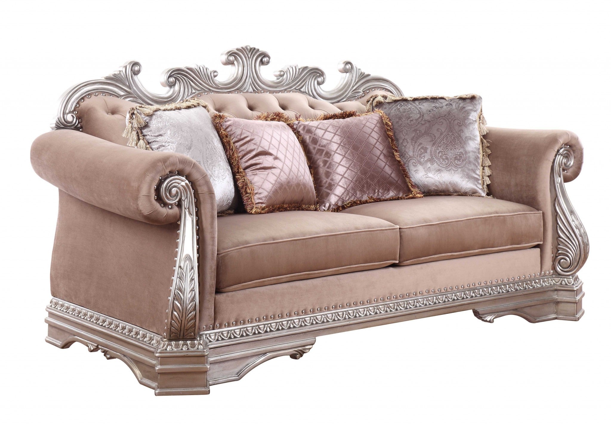 80" Champagne Velour Loveseat and Toss Pillows