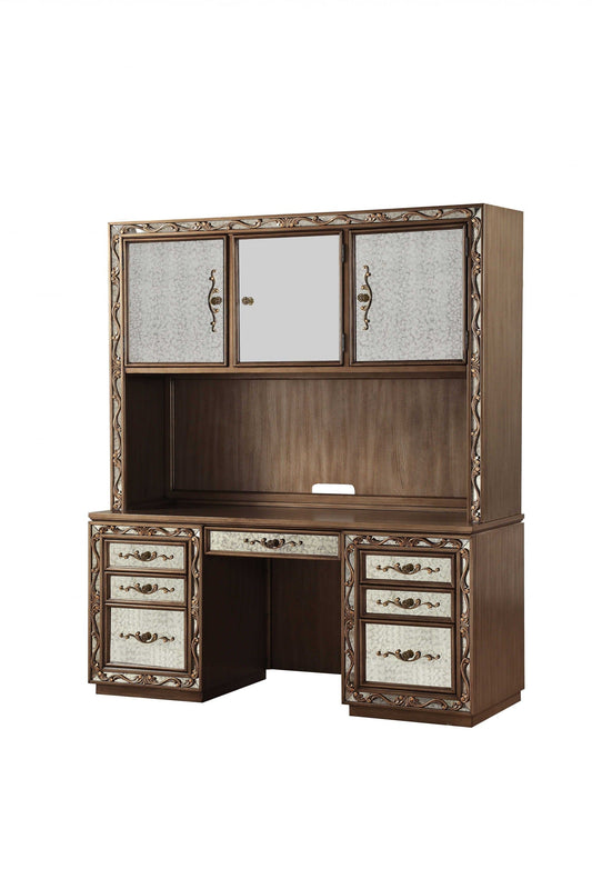 66" Gold Mirrored Computer Desk With Hutch With Three Cabinets Seven Drawers - Homeroots