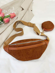 Corduroy Adjustable Strap Crossbody Bag with Pouch